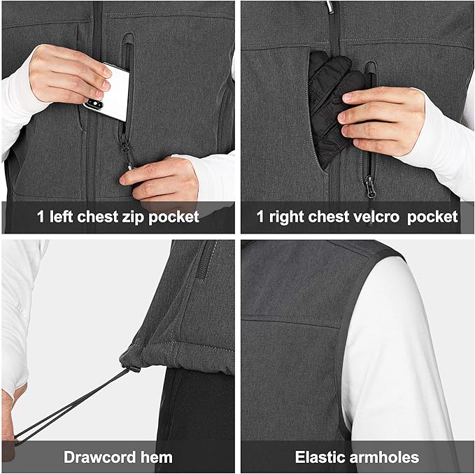 Outdoor Ventures Men's Running Vest Outerwear, Lightweight Windproof Fleece-Lined Softshell Sleeveless Jacket for Golf