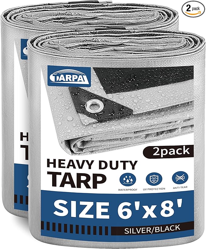 TARPAL 6x8 Feet Tarps Silver 10.5Mil(2-Pack) Multipurpose Protective Cover Heavy Duty Tarp Waterproof,Snow or UV Protection, Durable Reinforced Edges