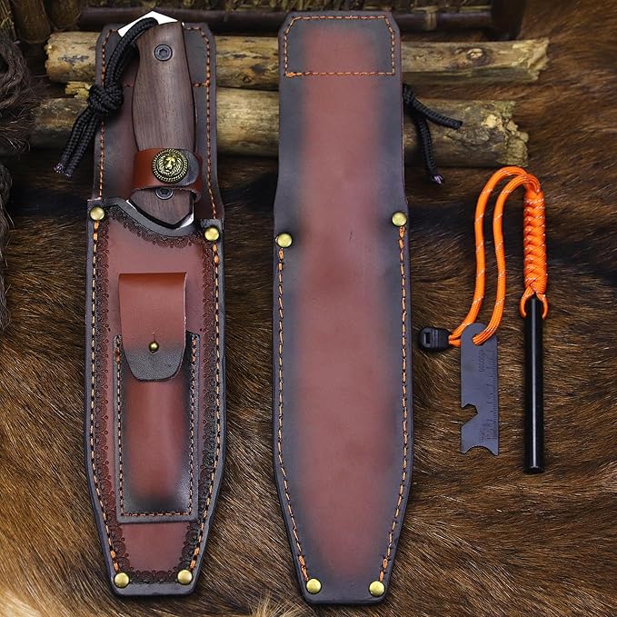 BA-KOR U.S.A 11 "DC53 Steel Hunting Knife & Sheath +4" Flint Fire Starter, Acidwood handle Jungle Survival Knife, Camping EDC tool knife