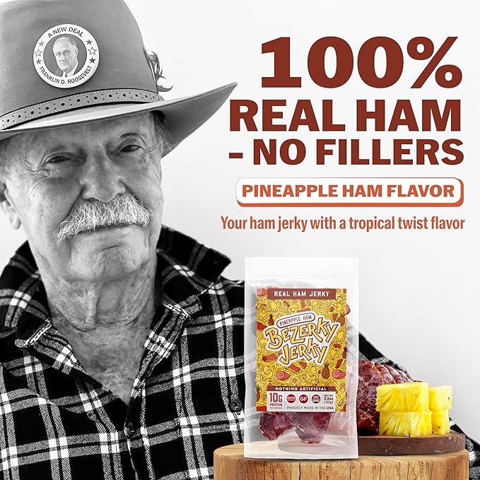 Bezerky Jerky Authentic American Ham, Keto-Friendly, Made with Premium Meat, Pineapple Jerky, All-Natural, Non-GMO & Gluten-Free, On the Go High Protein Snack, 3.3 Oz (Pack of 6)