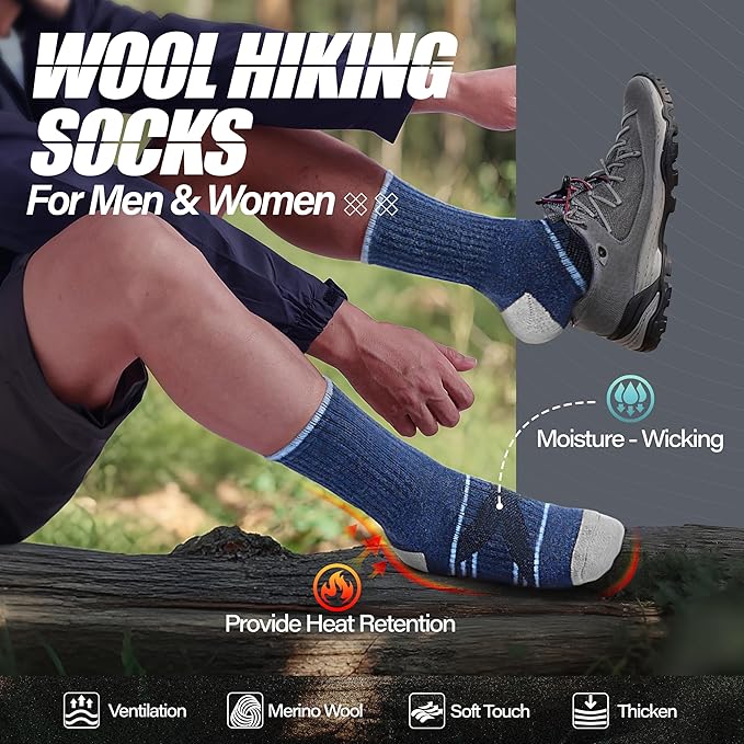 ANTSANG 5 Pairs Merino Wool Hiking Socks for Men & Women Thermal Winter Warm Moisture Wicking Cushion Boot Socks