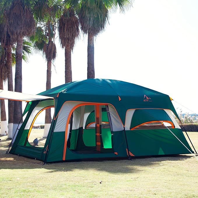 KTT Extra Large Tent 6-10-12-14 Person(A),Family Cabin Tents,2 Rooms,3 Doors and 3 Windows with Mesh,Straight Wall,Waterproof,Double Layer,Big Tent for Outdoor,Picnic,Camping,Family Gathering