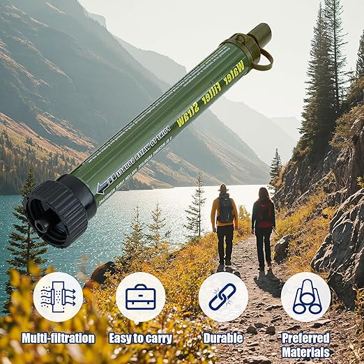 Water Filter Straw Kit Outdoor Portable Personal Water Filter Straw Water Purifier Survival Gear and Equipment for Hiking Camping Travel Army Green