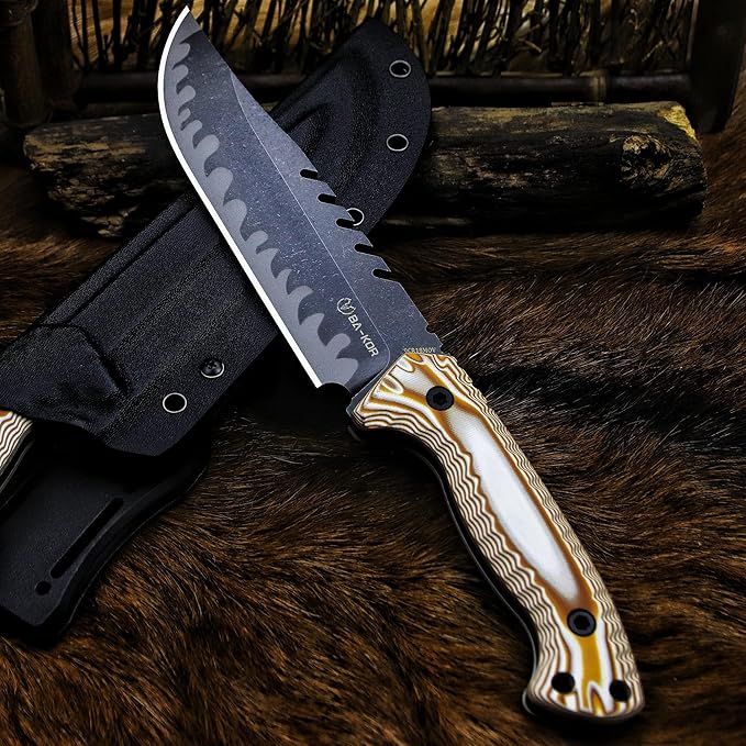 BA-KOR 12.4in Full Tang Fixed Blade Hunting Knife โ 6mm 9CR18MoV Steel, G10 Handle, Stonewashed Sawback Blade with Kydex Sheath & Fire Starter for Outdoor, Camping, Survival (White and brown stripes)