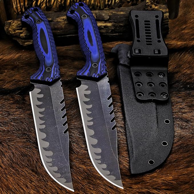 BA-KOR 12.4in Full Tang Fixed Blade Hunting Knife โ 6mm 9CR18MoV Steel, G10 Handle, Stonewashed Sawback Blade with Kydex Sheath & Fire Starter for Outdoor, Camping, Survival (Blue and black stripes)