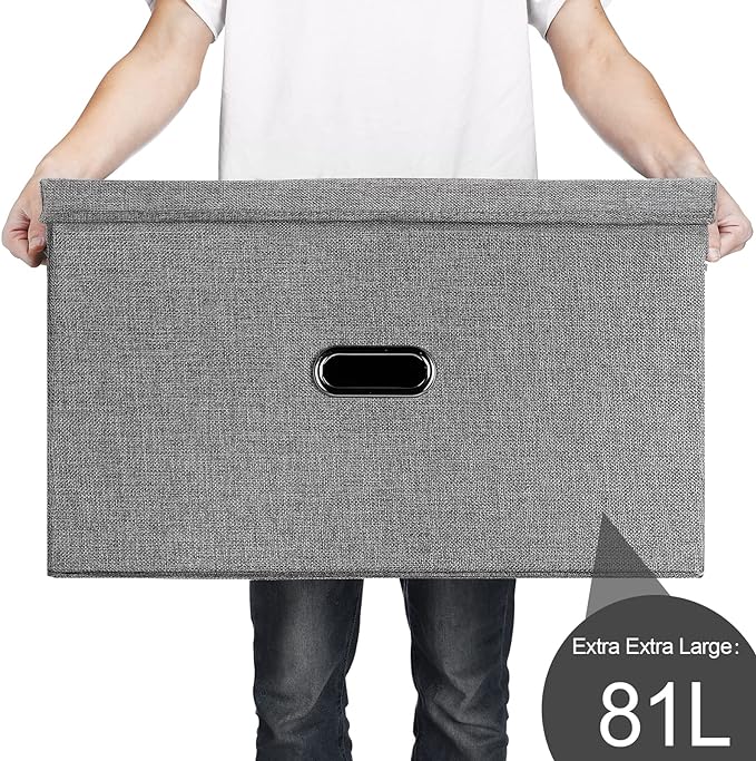 Large Linen Fabric Foldable Storage Bins with Removable Lid and Handles, Washable Storage Box Organizer Containers Baskets Cube with Cover for Bedroom,Office(Cream, XXL(2-Pack))