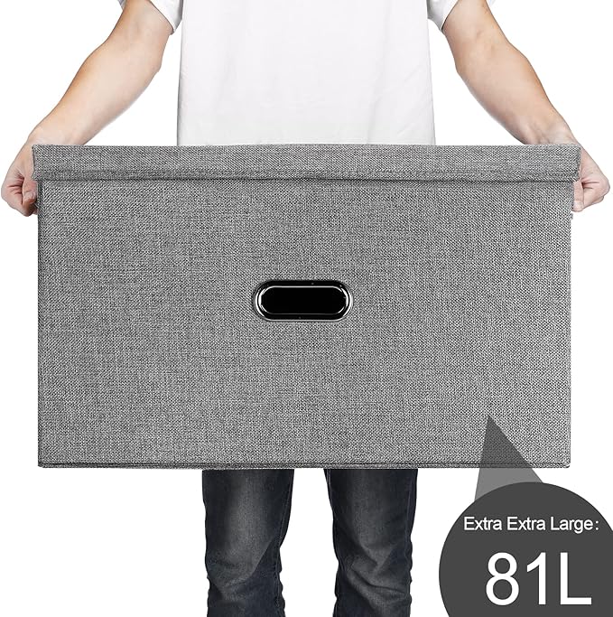 Large Linen Fabric Foldable Storage Bins with Removable Lid and Handles, Washable Storage Box Organizer Containers Baskets Cube with Cover for Bedroom,Office(Green, XXL(2-Pack))
