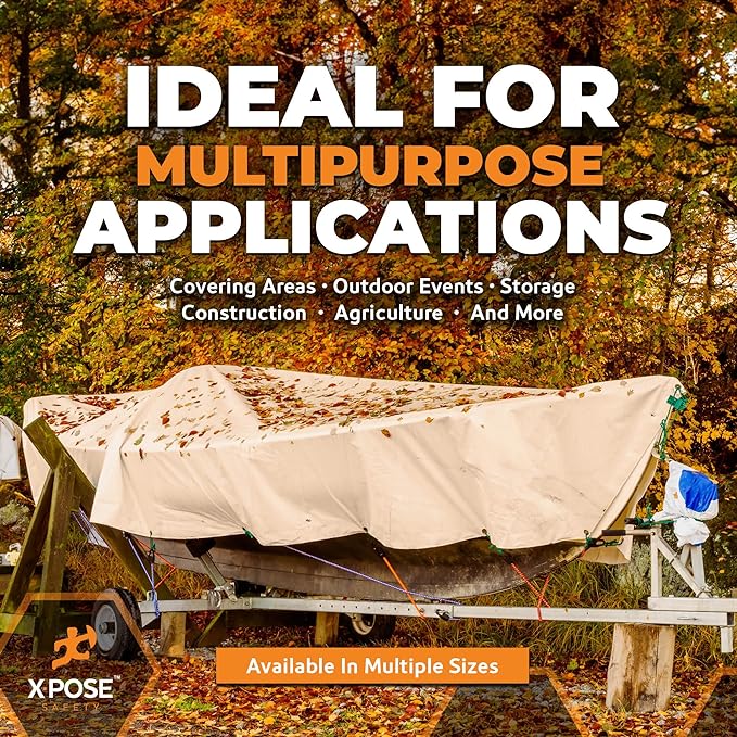Heavy Duty Tan Poly Tarp 7' X 20' - Multipurpose Protective Cover - Durable, Waterproof, Weather Proof, Rip and Tear Resistant - Extra Thick 12 Mil Polyethylene - by Xpose Safety