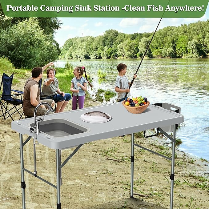 Foldable Fish Cleaning Table, Portable Camping Table with Sink & Measurement Markers with Faucet & Spray Gun for Camping, Patio, Kitchen, RV & Beach