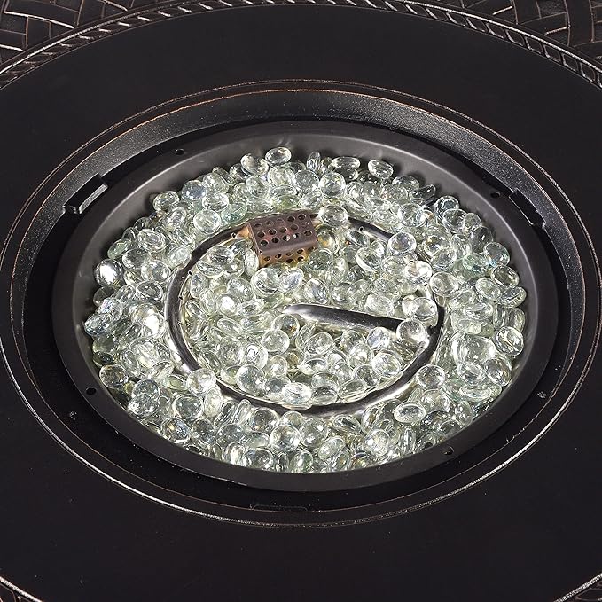 Aluminum 37,0000 BTU 34 in. Round Propane Black Fire Pit Table with Fire Beads, Lid, Propane Tank Cover and Table Fabric Covers in Copper Finish