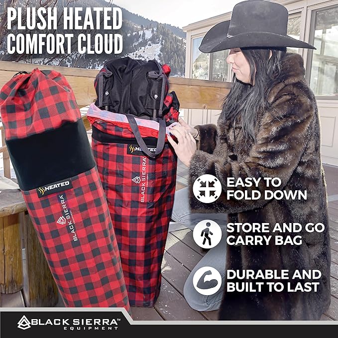 Black Sierra Heated Camping Chair for Adults, Oversized Outdoor Seat with Plush Padding, Supports 400lbs, Cup Holders and Carry Bag, Heavy Duty Folding Chair for Tailgating, Patio, or Sideline Comfort