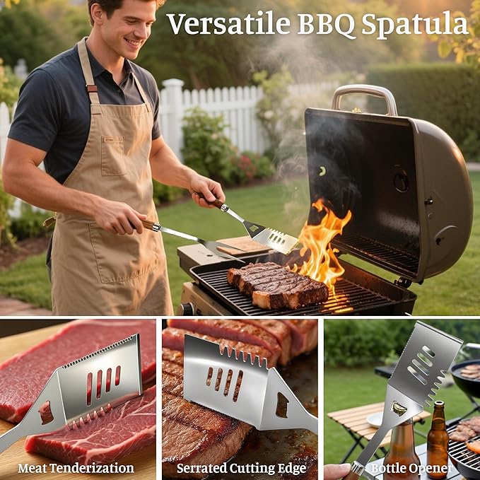 BBQ Grill Tools Set with Storage Bag and Wooden Grain Handles, Spatula, Fork, Cleaning Brush, Complete Barbecue Tool Sets for Outdoor Cooking Camping, Grilling Gifts for Men