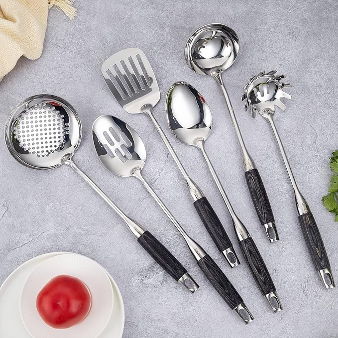 18/10 Stainless Steel Kitchen Utensils Set with Wood Handle - 15” Long Cooking Tools, Metal Spatula Spoons - Serving Solid/Slotted Spoon, Tunner, Skimmer, Soup Ladle, Pasta, Large Spoons Set of 6