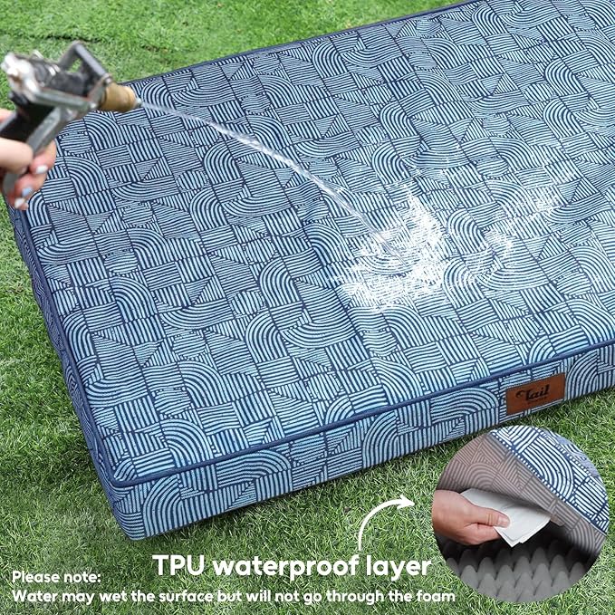 Outdoor Extra Large Dog Bed, Jumbo Waterproof Dog Bed for Large Size Dogs, Orthopedic Egg Foam Pet Bed Mat with Removable Oxford Cooling Cover, White Blue