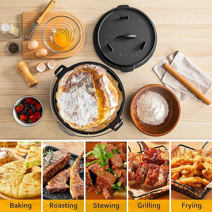 Velaze 10QT Camping Dutch Oven, Pre-Seasoned Cast Iron Camp Dutch Oven Pot with Lid, for Use in the Oven, on the Stove, Grill, or over the Campfire - Metal Handle, Lid Lifter, and Stand Support