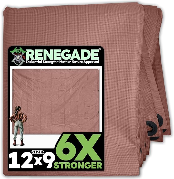 RENEGADE Industrial Tarp 12x9 ft Brown – Heavy Duty, Waterproof, UV-Resistant, PFAS-Free – Durable Tarp for Jobsite Coverage, Construction, Farming & Shelter Use