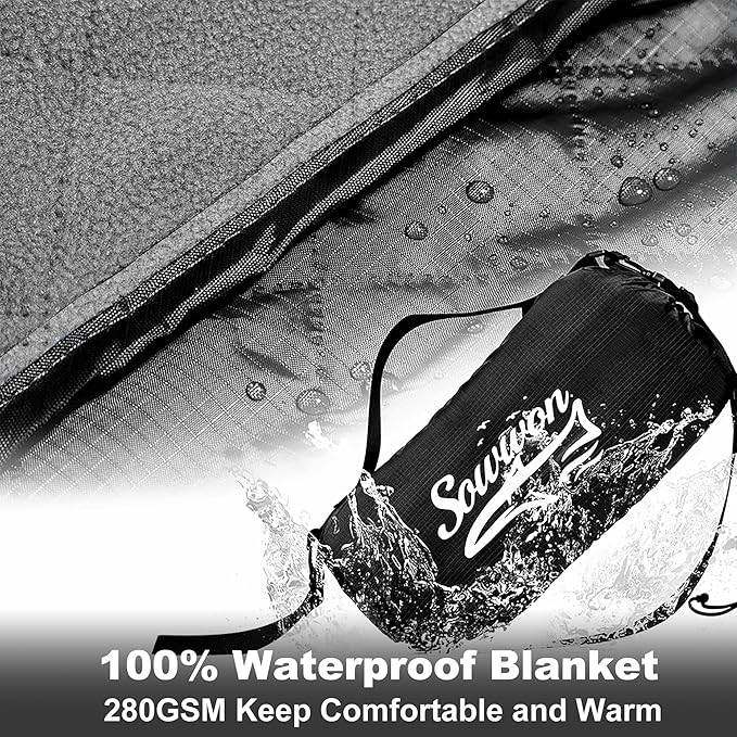Waterproof Outdoor Blanket 82”X 55” Packable, Stadium Blankets for Camping with Fleece Lining, Large Windproof Emergency Throw Mat for Garss Picnic Hiking Road Trip, Machine Washable, Black 280GSM