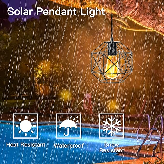 MEIHONG Solar Pendant Lights Outdoor, Waterproof Metal Solar Hanging Lights, Gazebo Lights, Indoor/Outdoor Lights with Pull Cord for Home Shed Barn Garage Storage