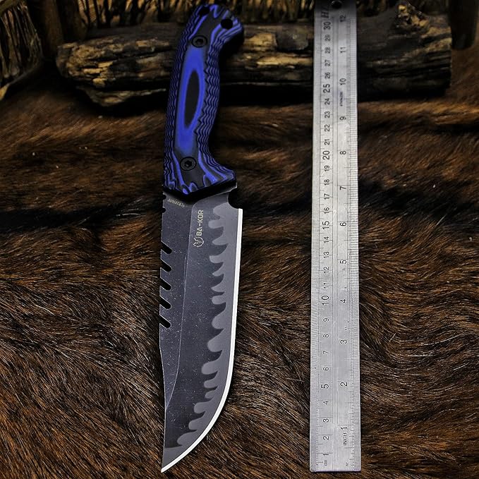 BA-KOR 12.4in Full Tang Fixed Blade Hunting Knife โ 6mm 9CR18MoV Steel, G10 Handle, Stonewashed Sawback Blade with Kydex Sheath & Fire Starter for Outdoor, Camping, Survival (Blue and black stripes)