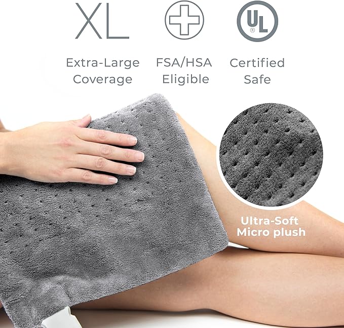 Pure Enrichment® PureRelief® XL Heating Pad - 12" x 24" Electric Heating Pad for Back Pain & Cramps, 6 Heat Settings, Soft Machine Wash Fabric, Auto-Off & Moist Heat (Charcoal Gray)