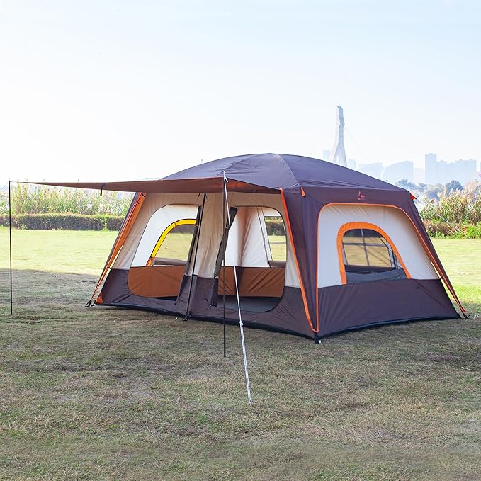 KTT Extra Large Tent 6-10-12-14 Person(A),Family Cabin Tents,2 Rooms,3 Doors and 3 Windows with Mesh,Straight Wall,Waterproof,Double Layer,Big Tent for Outdoor,Picnic,Camping,Family Gathering