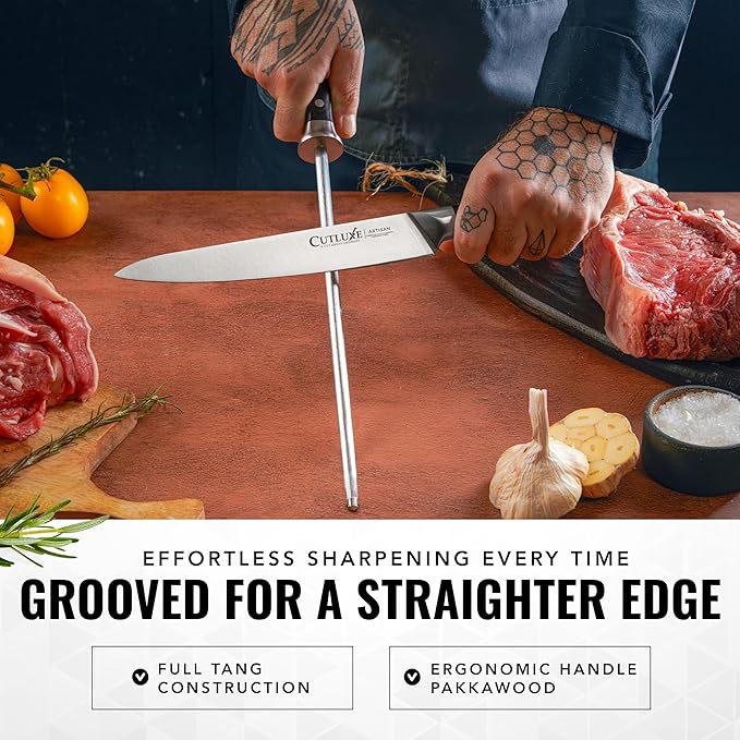 Cutluxe Honing Rod, Sharpening Steel for Kitchen Knives – 12" Honing Steel – Ergonomic Handle Design – Artisan Series