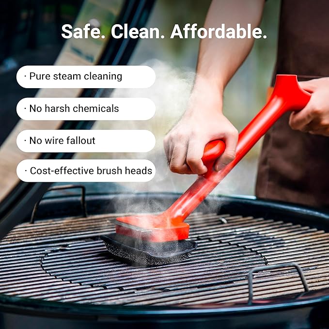 Grill Brush Bristle Free with 3 Replacement Brush Heads, Steam Grill Brush with Scraper, Non Metal Bristles for Cast Iron, Stainless-Steel Grates, Safe for Non-Stick Surface