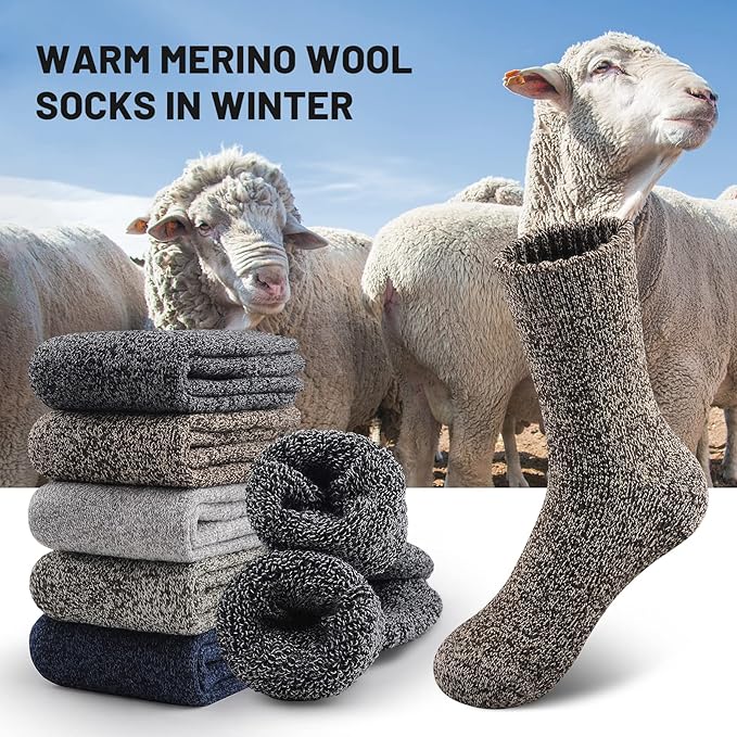 SIMIYA 5 Pairs Merino Wool Socks for Men, Thick Winter Wool Hiking Socks, Warm Breathable Crew Mens Socks