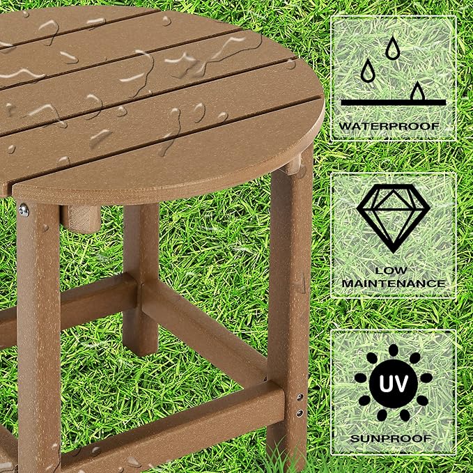 LZRS Round Adirondack Patio Side Table End Table, Outdoor Side Tables for Patio, Backyard,Pool, Indoor Companion, Easy Maintenance & Weather Resistant(Teak)