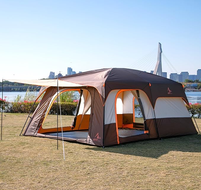 KTT Extra Large Tent 6-10-12-14 Person(A),Family Cabin Tents,2 Rooms,3 Doors and 3 Windows with Mesh,Straight Wall,Waterproof,Double Layer,Big Tent for Outdoor,Picnic,Camping,Family Gathering