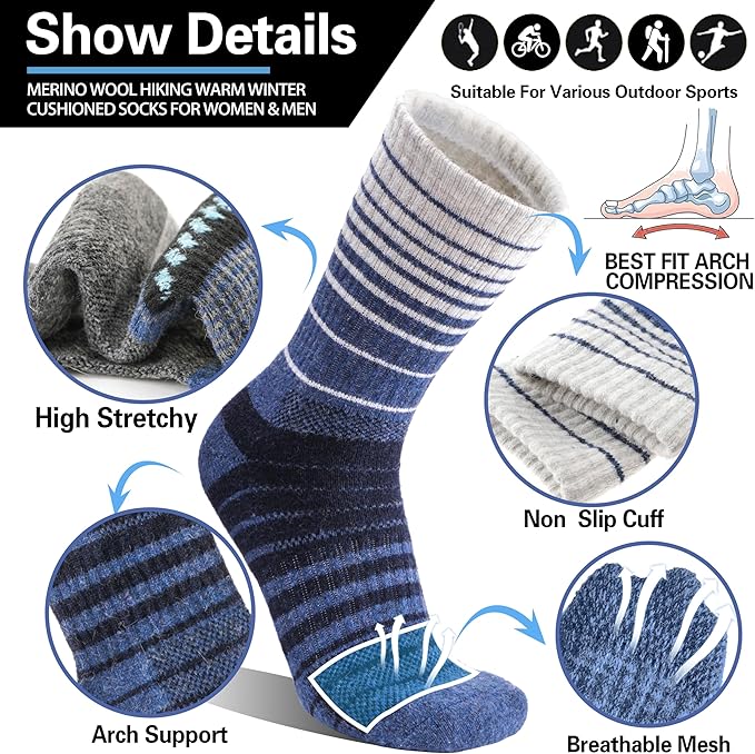 5 Pairs Merino Wool Hiking Socks Thermal Winter Warm Moisture Wicking Cushion Outdoor Socks for Women & Men