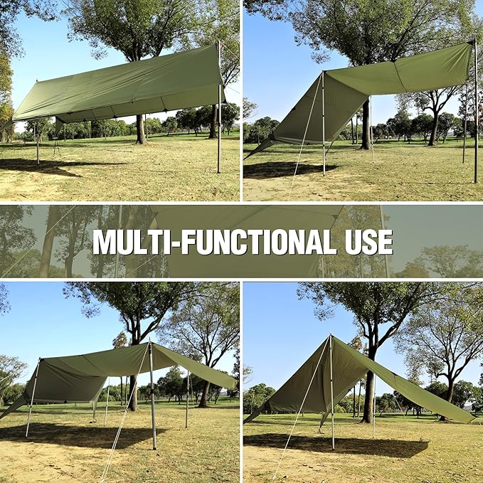 REDCAMP Large 10x17ft Waterproof Camping Tarp, Portable Hammock Rain Fly with 4 Collapsible Tarp Poles, 8 Guy Lines & Stakes, Backpacking Tent Shelter for Camping, Hiking, Beach (4 Poles)