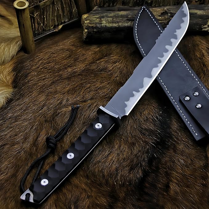 BA-KOR Japan tanto DC53 Full Tang 17.2in Survival Knife with Fire Starter, 5mm Thick Blade, Jungle Fixed Blade Leather Sheath for Hunting, Camping, Bushcraft