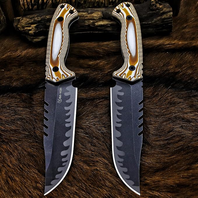 BA-KOR 12.4in Full Tang Fixed Blade Hunting Knife โ 6mm 9CR18MoV Steel, G10 Handle, Stonewashed Sawback Blade with Kydex Sheath & Fire Starter for Outdoor, Camping, Survival (White and brown stripes)