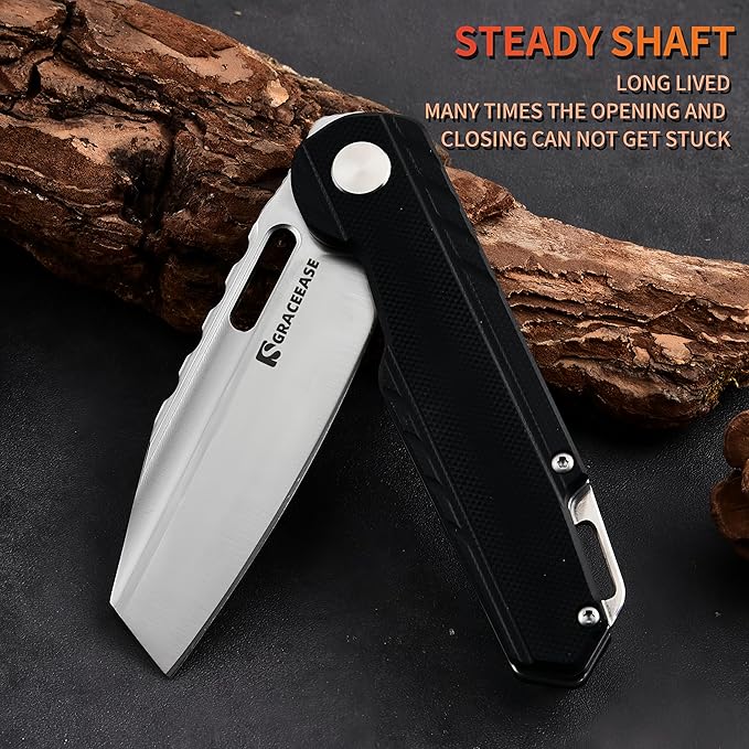 Folding pocket knife, 3.34-inch D2 steel blade, carbon fiber handle EDC knife, with pocket clip, suitable for daily carrying, camping, hiking, fishing for men and women A-80003-1 (Black)