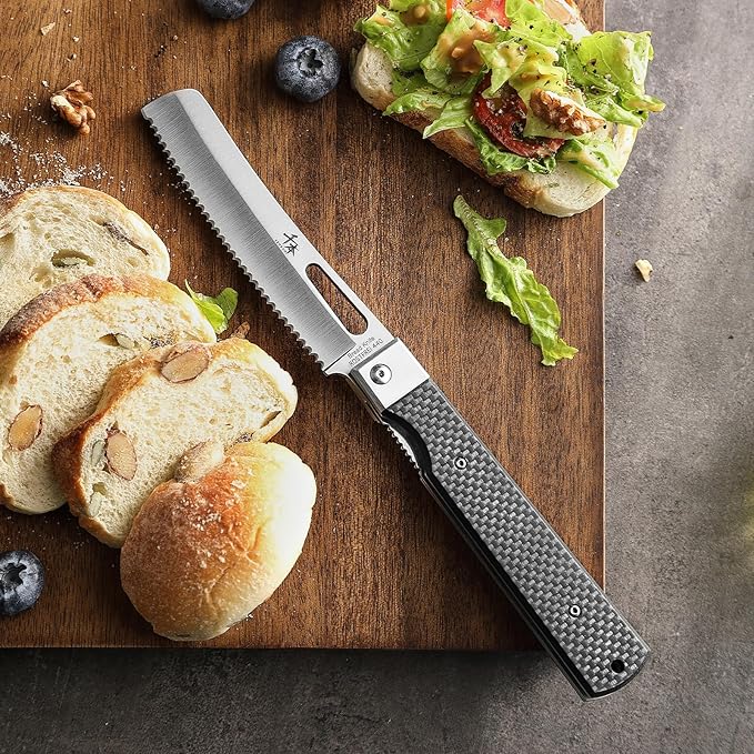 SENBON 440 stainless steel folding bread knife with carbon fiber handle camping barbecue outdoor back clip bread knife