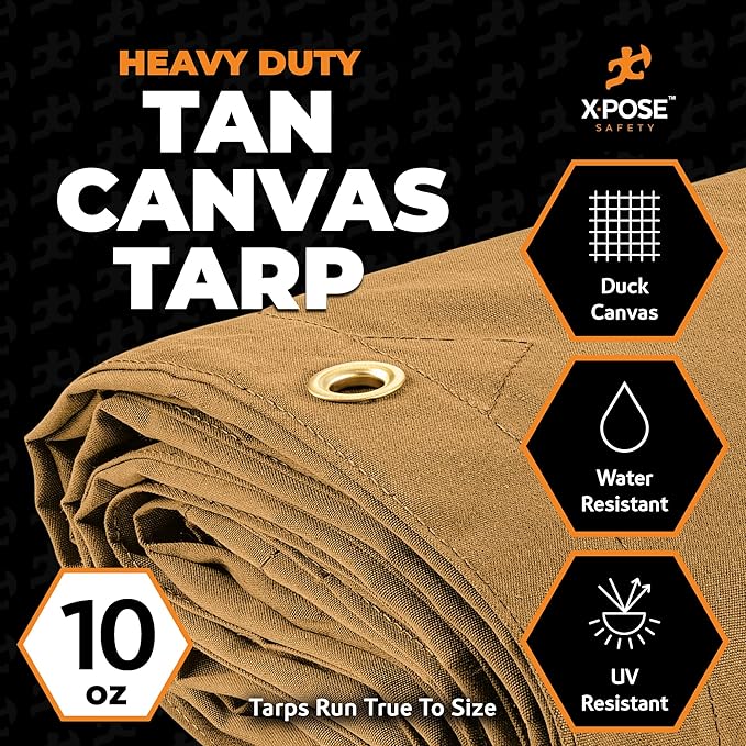 Xpose Safety Canvas Tarp - 10oz Tan Canvas Tarps Heavy Duty Water Resistant with Brass Grommets- Multipurpose Outdoor Tarpaulin for Camping, Canopy, Trailer, Equipment Cover 6' x 8'