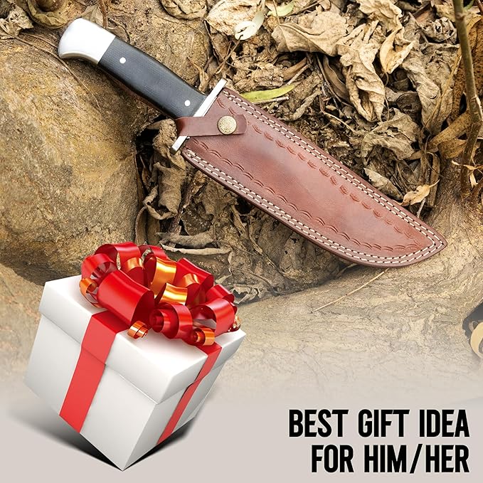 D2 13 Inch Full Tang Fixed Blade Bowie Knife with Leather Sheath - Suitable for Outdoor, Bushcraft, Survival, and Camping Knife with Black Micarta Handle