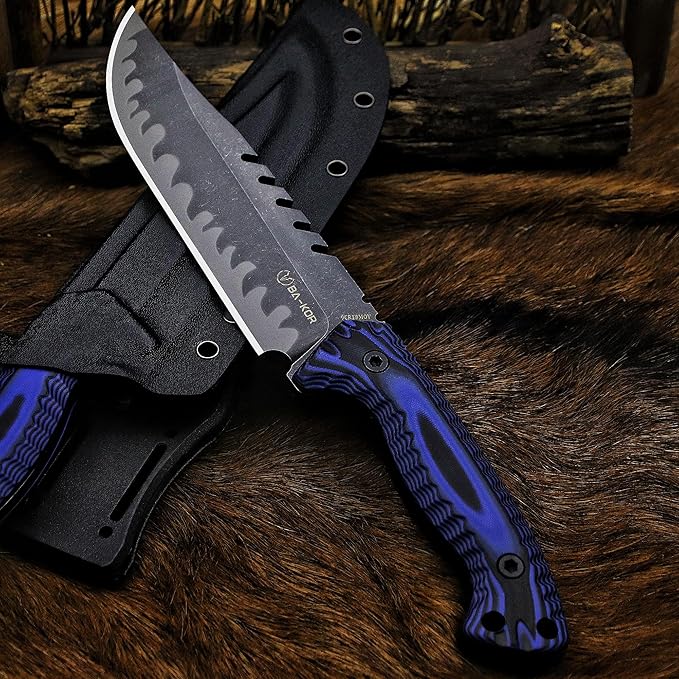 BA-KOR 12.4in Full Tang Fixed Blade Hunting Knife โ 6mm 9CR18MoV Steel, G10 Handle, Stonewashed Sawback Blade with Kydex Sheath & Fire Starter for Outdoor, Camping, Survival (Blue and black stripes)