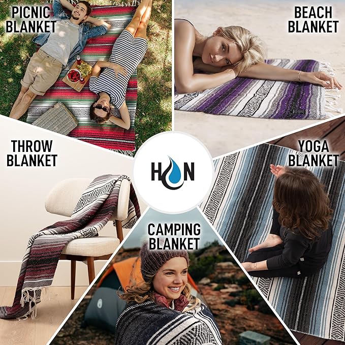 Hydration Nation Authentic Extra Large Mexican Blanket (70"x50") - Handwoven Yoga, Serape- Artisanal Falsa, Beach, Camping, Picnic, Outdoor - Sky Blue