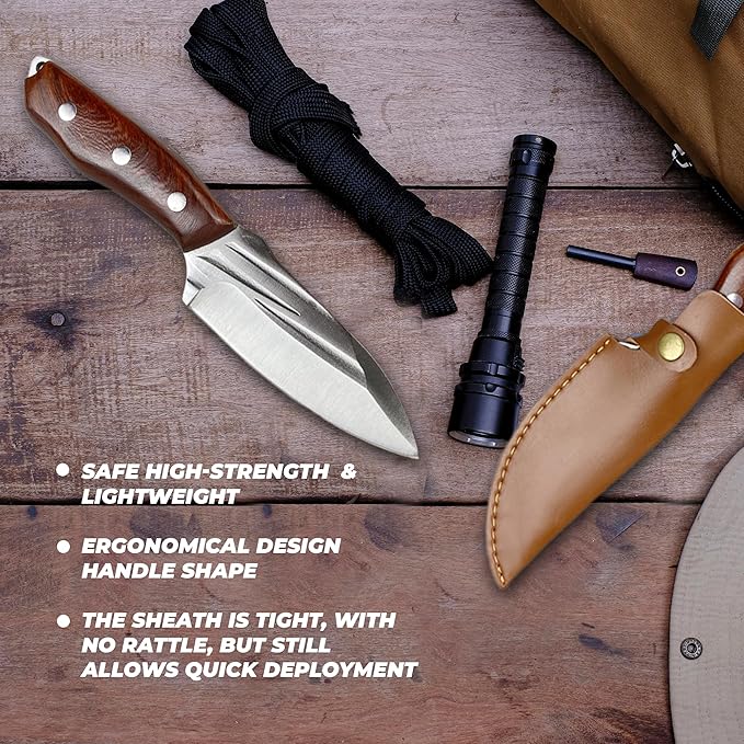 Pocket Fixed Blade Knife with Wood Handle and Leather Sheath for Camping, Outdoor Hunting,Tactical, Survival and EDC