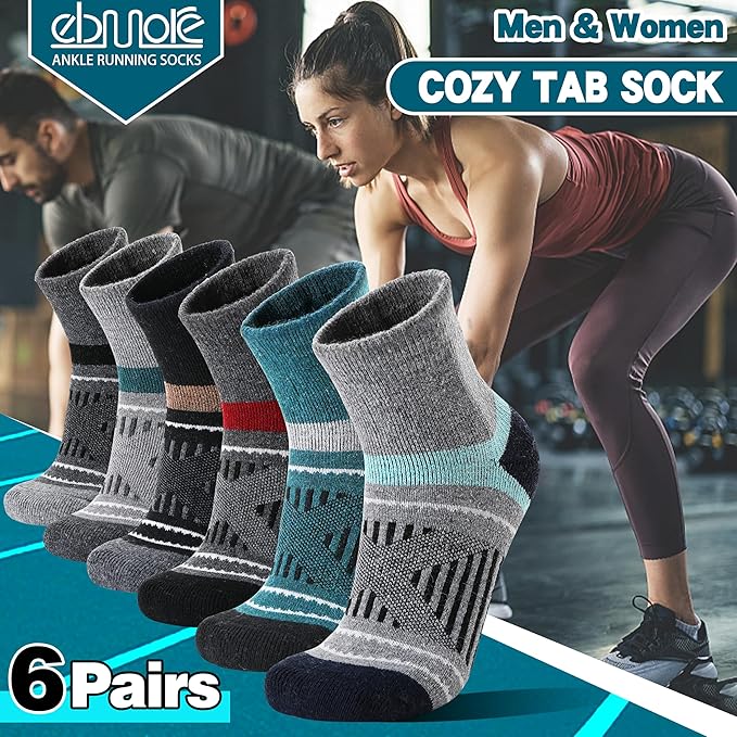 EBMORE 6 Pairs Merino Wool Ankle Hiking Running Socks Compression Support Thick Cushion No Show Socks for Men Women
