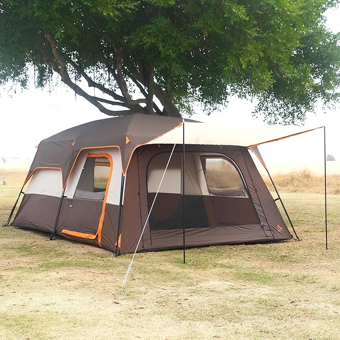 KTT Extra Large Tent 6-10-12-14 Person(A),Family Cabin Tents,2 Rooms,3 Doors and 3 Windows with Mesh,Straight Wall,Waterproof,Double Layer,Big Tent for Outdoor,Picnic,Camping,Family Gathering