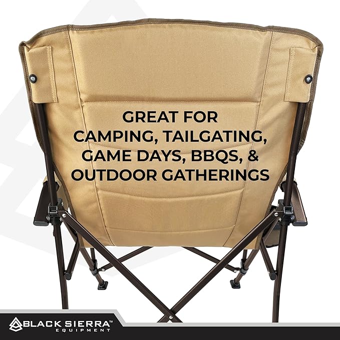 Black Sierra Oversize Camping Chair for Adults Supports 500 lbs, XL Heavy Duty Hard Arm Folding Chair, Steel Frame Durable Padded Outdoor Seat, Portable Fold Up Chair w/Cup Holder and Storage Bag