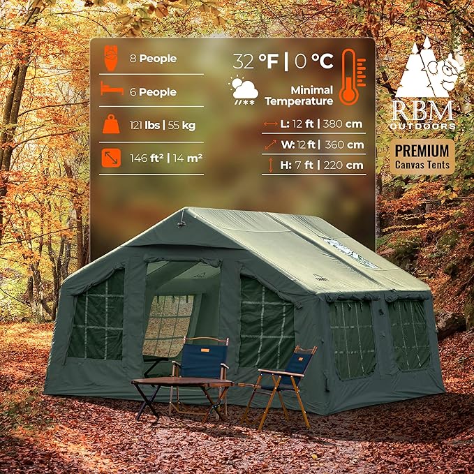 Coody | Rbm Outdoors Koala/Hub/Octopus Inflatable Tents for Camping with Stove Jack, 2/8/10 Person Luxury Canvas Blow Up Tent, 2 Room, Easy Setup Casa de Campaña, Large Inflatable House with Pump