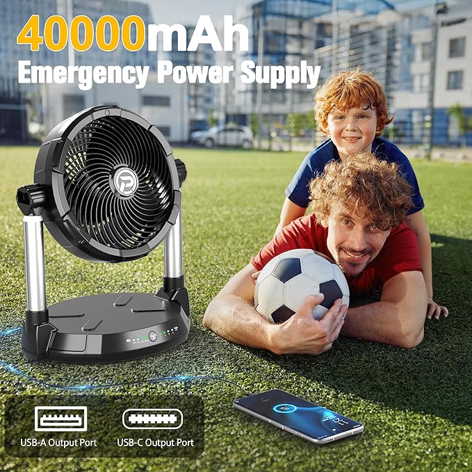 KITWLEMEN 40000mAh Battery Operated Fan - 12" Rechargeable Floor Fan, 4 Speeds, 65Hrs Cooling, 34.6" Height Adjustable, 12V Output Cordless Fan, Portable for Camping, Travel, Hurricane, Power Outage