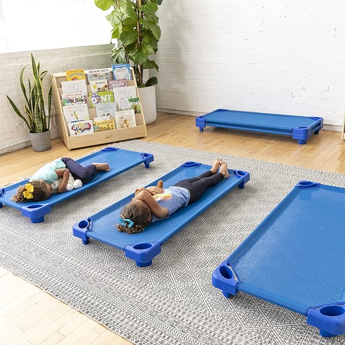 ECR4Kids Stackable Kiddie Cot, Ready-to-Assemble, Standard Size, Classroom Furniture, Blue, 6-Pack