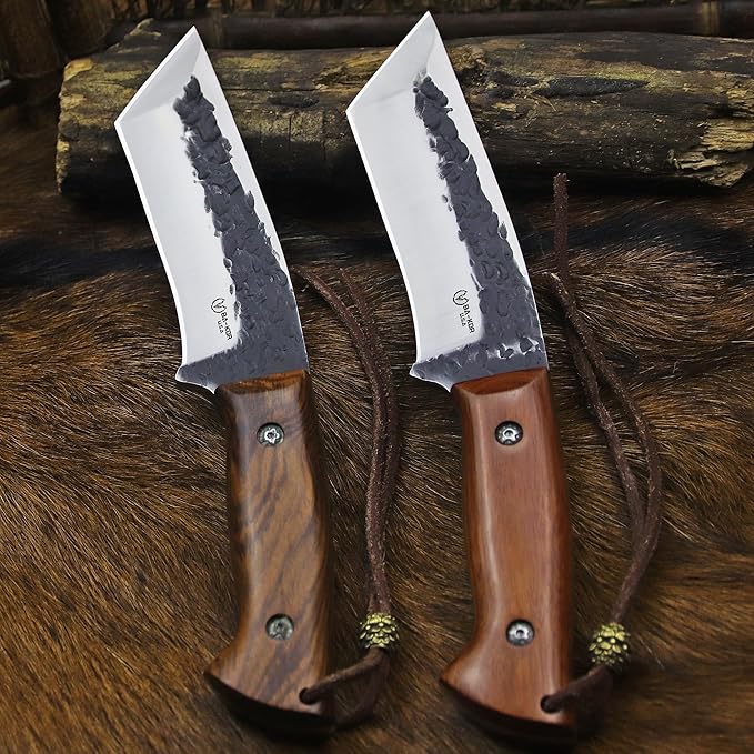BA-KOR Yellow pear wood handle 5mm 9CR18MOV steel (9.8IN) full Tang forged fixed knife + sheath & (5.9IN) iron ceric igniter, suitable for outdoor camping, tactical survival, EDC, hunting knife