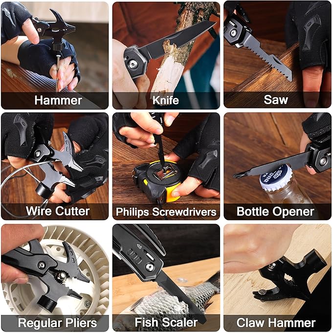 RoverTac Multitools Set - 12-in-1 Multi Tool Hammer, LED Flashlight, Utility Knife in Premium Gift Box, Camping Essentials Survival Camping Gear, Multitool Gift for Men Dad Him