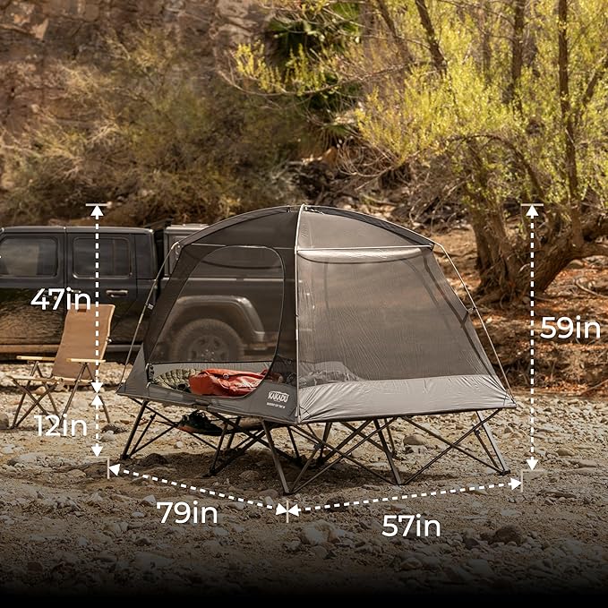 Kakadu Camping Tent Cot, 2 Person, Quick Setup, Folding, Compact, Elevated Tent with BlockOut Rain Fly, Awning Poles, Ultra-Fine Mesh Windows, and Carry Bag